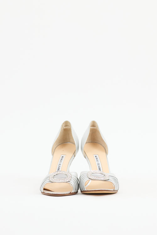 Manolo Blahnik Silver Leather Sedaraby Pleated Jewel Sandal