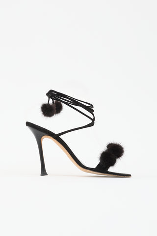 Manolo Blahnik Suede Pom Pom Sandal