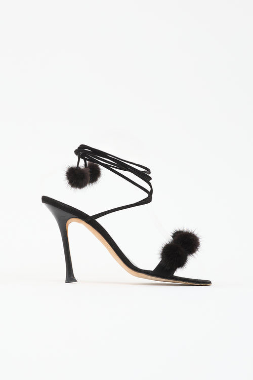 Manolo Blahnik Suede Pom Pom Sandal