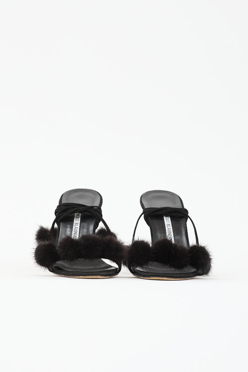 Manolo Blahnik Suede Pom Pom Sandal