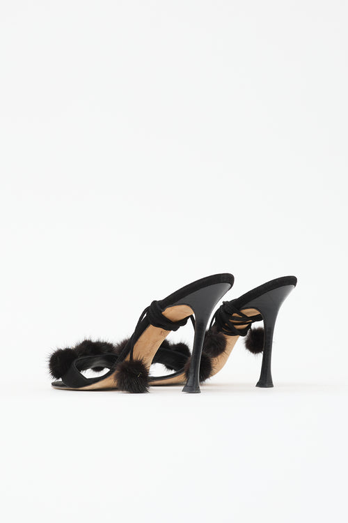 Manolo Blahnik Suede Pom Pom Sandal