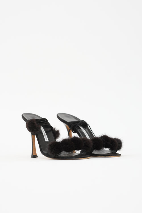 Manolo Blahnik Suede Pom Pom Sandal