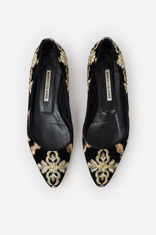 Manolo Blahnik Velvet Embroidered Flat