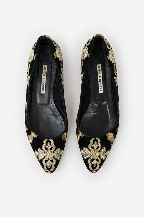 Manolo Blahnik Velvet Embroidered Flat