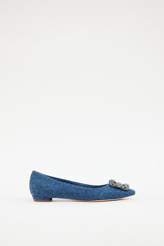 Manolo Blahnik Blue Woven Hangisi Crystal Flat