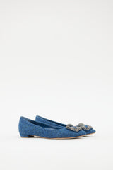 Manolo Blahnik Blue Woven Hangisi Crystal Flat