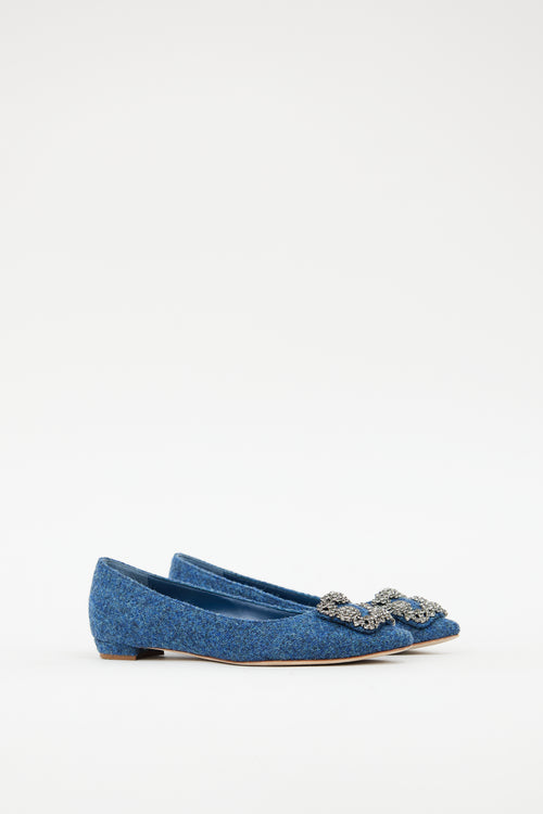 Manolo Blahnik Blue Woven Hangisi Crystal Flat