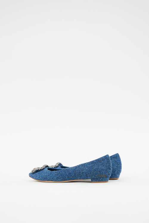 Manolo Blahnik Blue Woven Hangisi Crystal Flat