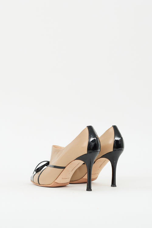 Manolo Blahnik Beige & Black Leather Bow Pump