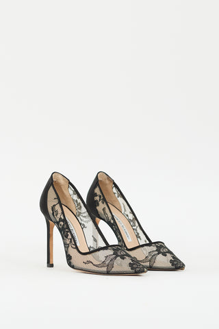 Manolo Blahnik Black Floral Lace Pointed Toe Pump