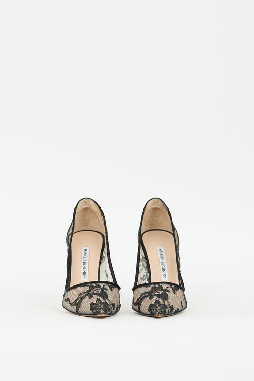 Manolo Blahnik Black Floral Lace Pointed Toe Pump