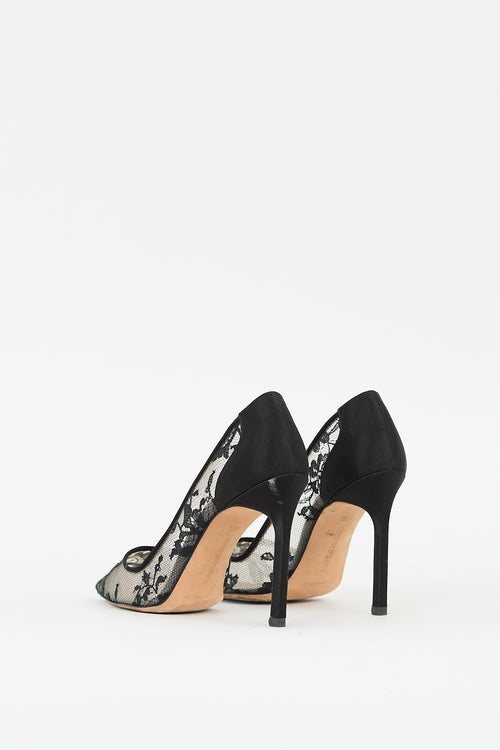 Manolo Blahnik Black Floral Lace Pointed Toe Pump