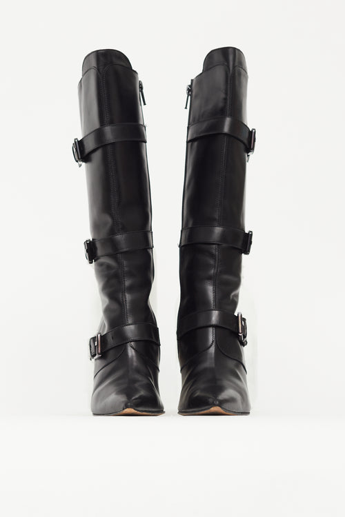 Manolo Blahnik Black Leather Pointed Toe Buckle Pump Boot