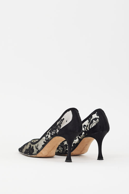 Manolo Blahnik Black Floral Lace Pointed Toe Heel