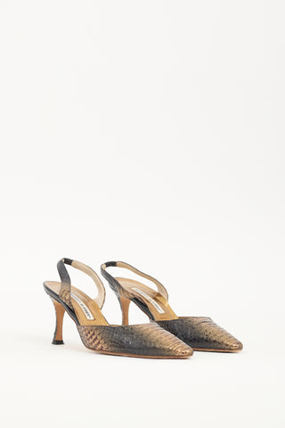 Manolo Blahnik Bronze & Black Textured Leather Carolyne Pump