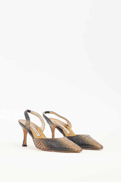 Manolo Blahnik Bronze & Black Textured Leather Carolyne Pump