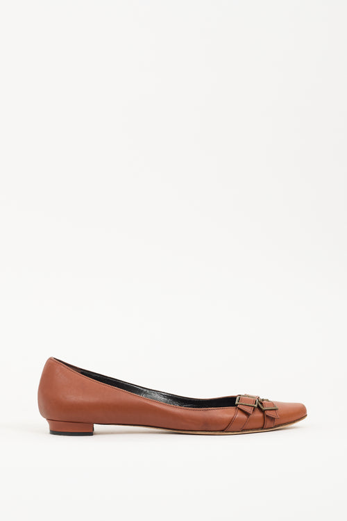 Manolo Blahnik Brown Leather Buckle Flat