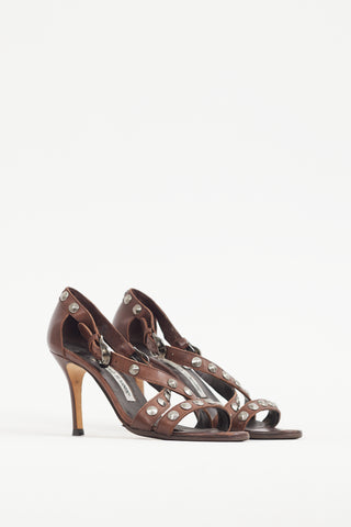 Manolo Blahnik Brown & Silver Studded Leather Strappy Heel