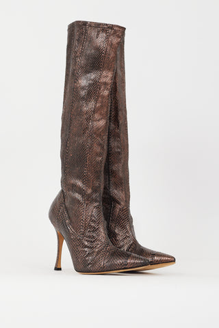 Manolo Blahnik Bronze Embossed Leather Stretch Knee High Boot