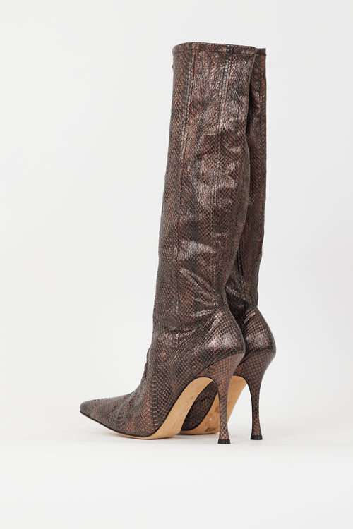 Manolo Blahnik Bronze Embossed Leather Stretch Knee High Boot