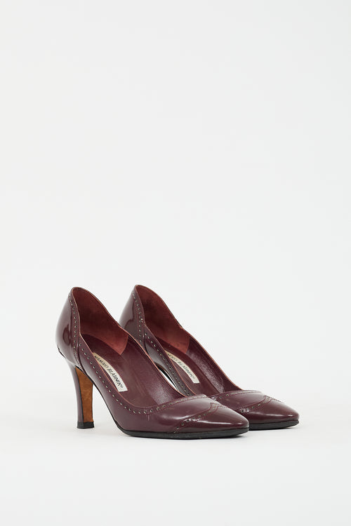 Manolo Blahnik Burgundy Patent Leather Brogue Pump