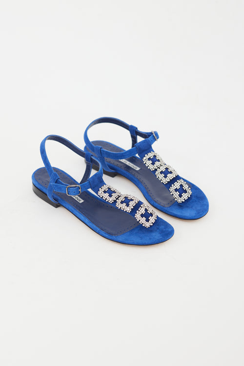 Manolo Blahnik Blue Suede Crystal Embellishment Sandal