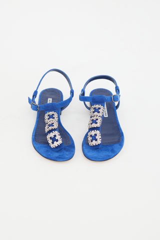 Manolo Blahnik Blue Suede Crystal Embellishment Sandal