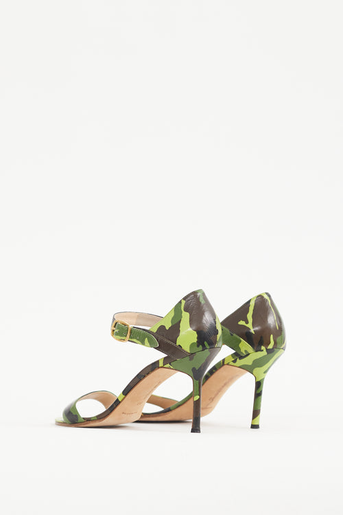 Manolo Blahnik Green & Multicolour Printed Leather Heel
