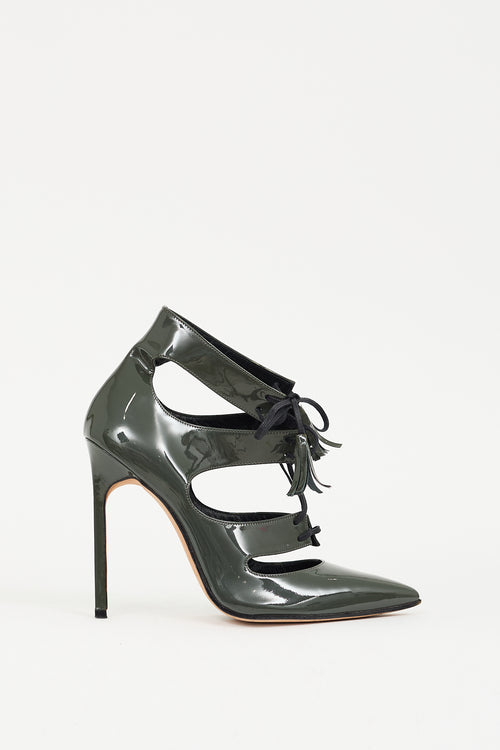 Manolo Blahnik Green Patent Leather Caged Lace Up Heel