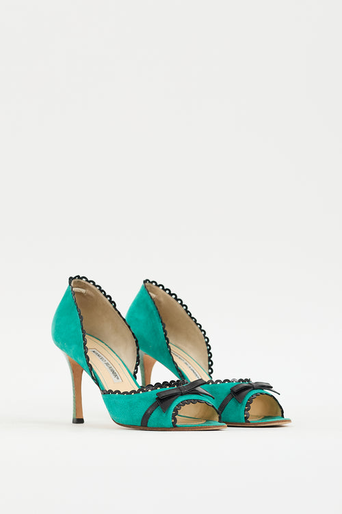 Manolo Blahnik Green Suede Trimmed D'Orsay Heel