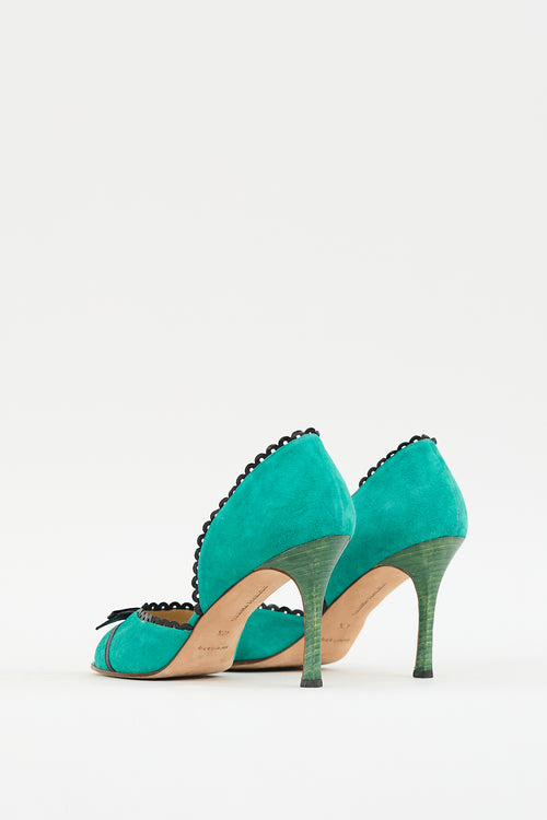 Manolo Blahnik Green Suede Trimmed D'Orsay Heel