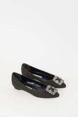 Manolo Blahnik Green Tweed Hangisi Jewel Buckle Flat