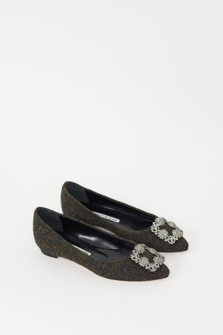 Manolo Blahnik Green Tweed Hangisi Jewel Buckle Flat