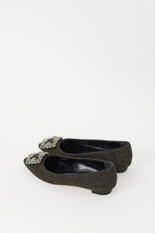 Manolo Blahnik Green Tweed Hangisi Jewel Buckle Flat