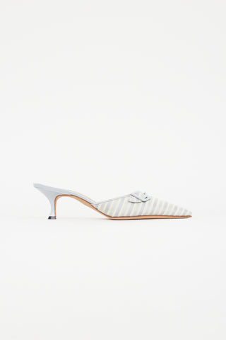 Manolo Blahnik Light Blue & Yellow Striped Buckle Mule