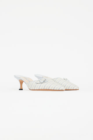 Manolo Blahnik Light Blue & Yellow Striped Buckle Mule