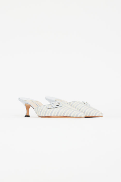 Manolo Blahnik Light Blue & Yellow Striped Buckle Mule