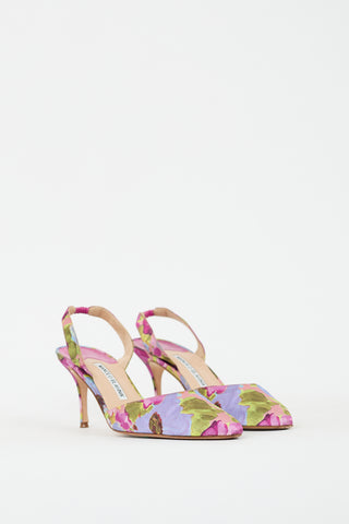 Manolo Blahnik Multicolour Satin Floral Carolyne Slingback Pump