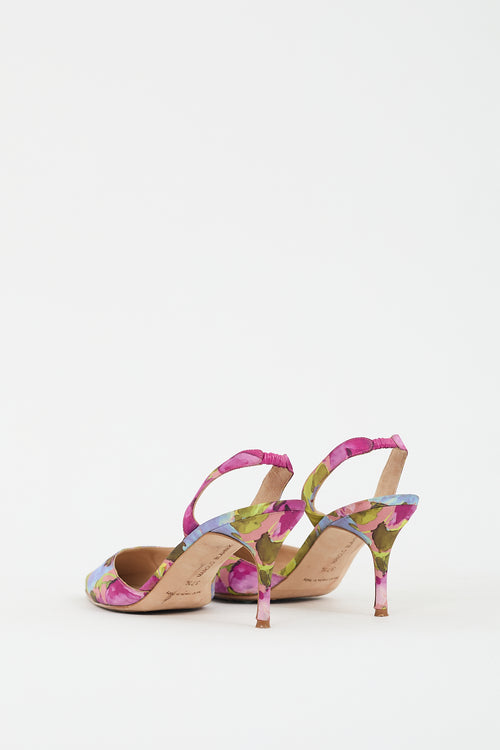 Manolo Blahnik Multicolour Satin Floral Carolyne Slingback Pump