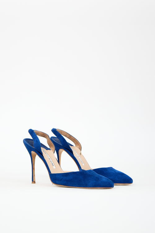 Manolo Blahnik Blue Suede Carolyne Heel