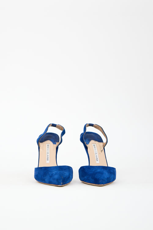 Manolo Blahnik Blue Suede Carolyne Heel