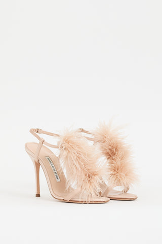 Manolo Blahnik Pink Satin & Feather Elia Heel