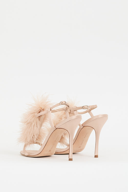 Manolo Blahnik Pink Satin & Feather Elia Heel