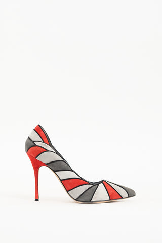 Manolo Blahnik Red & Grey Suede Eidotea Pump