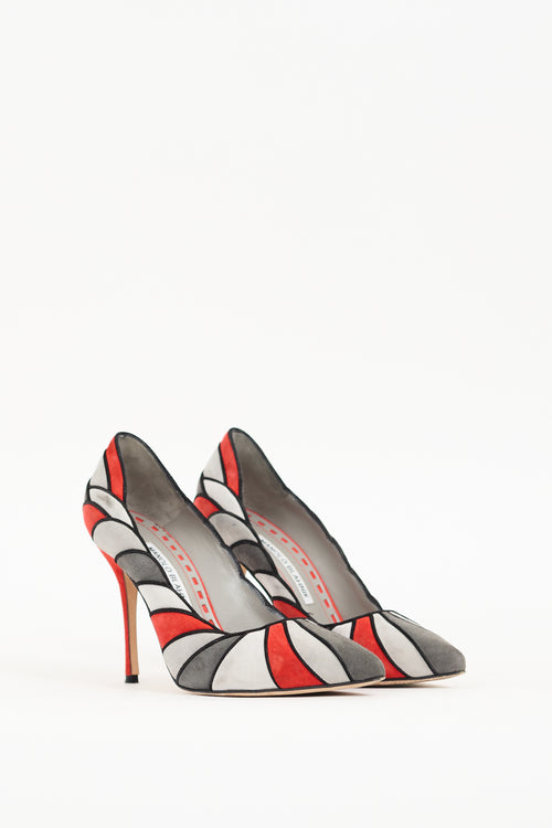 Manolo Blahnik Red & Grey Suede Eidotea Pump