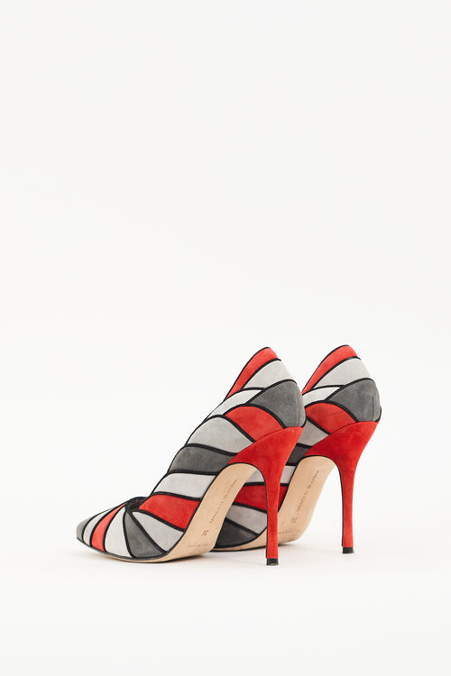 Manolo Blahnik Red & Grey Suede Eidotea Pump