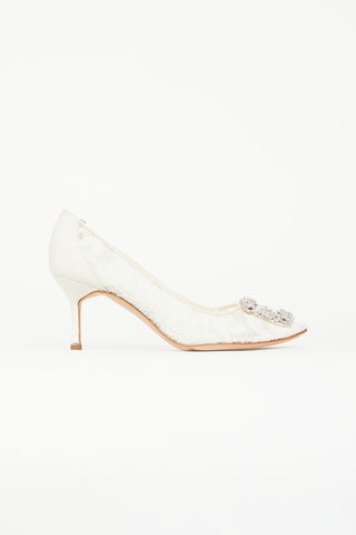 Manolo Blahnik Cream Hangisi Lace & Crystal Heel