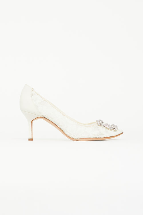 Manolo Blahnik Cream Hangisi Lace & Crystal Heel