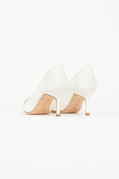 Manolo Blahnik Cream Hangisi Lace & Crystal Heel