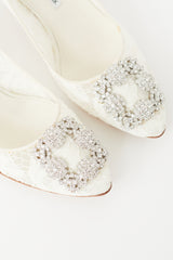 Manolo Blahnik Cream Hangisi Lace & Crystal Heel